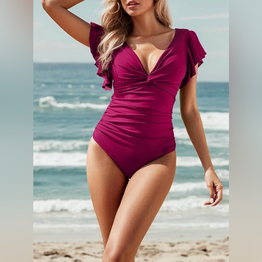 NWT Blooming Jelly Wine Red V-Neck Ruffle Tummy Control Modest 1pc Swimsuit Sm